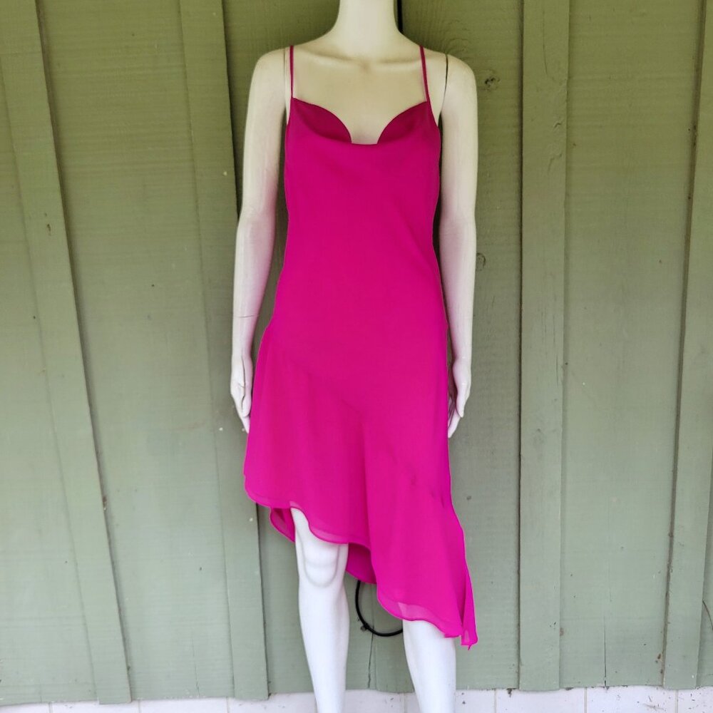 NWT AMANDA UPRICHARD Magenta Silk Draped Neckline Asymmetrical Hem Dress  M